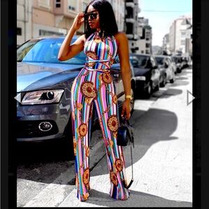 Restock: New Chain and Circle Print Halter High Waist Belted Jumpsuit Juni…